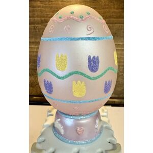 Vintage Blown Glass Easter Egg Pastel Tulip Design Glitter Pedestal
